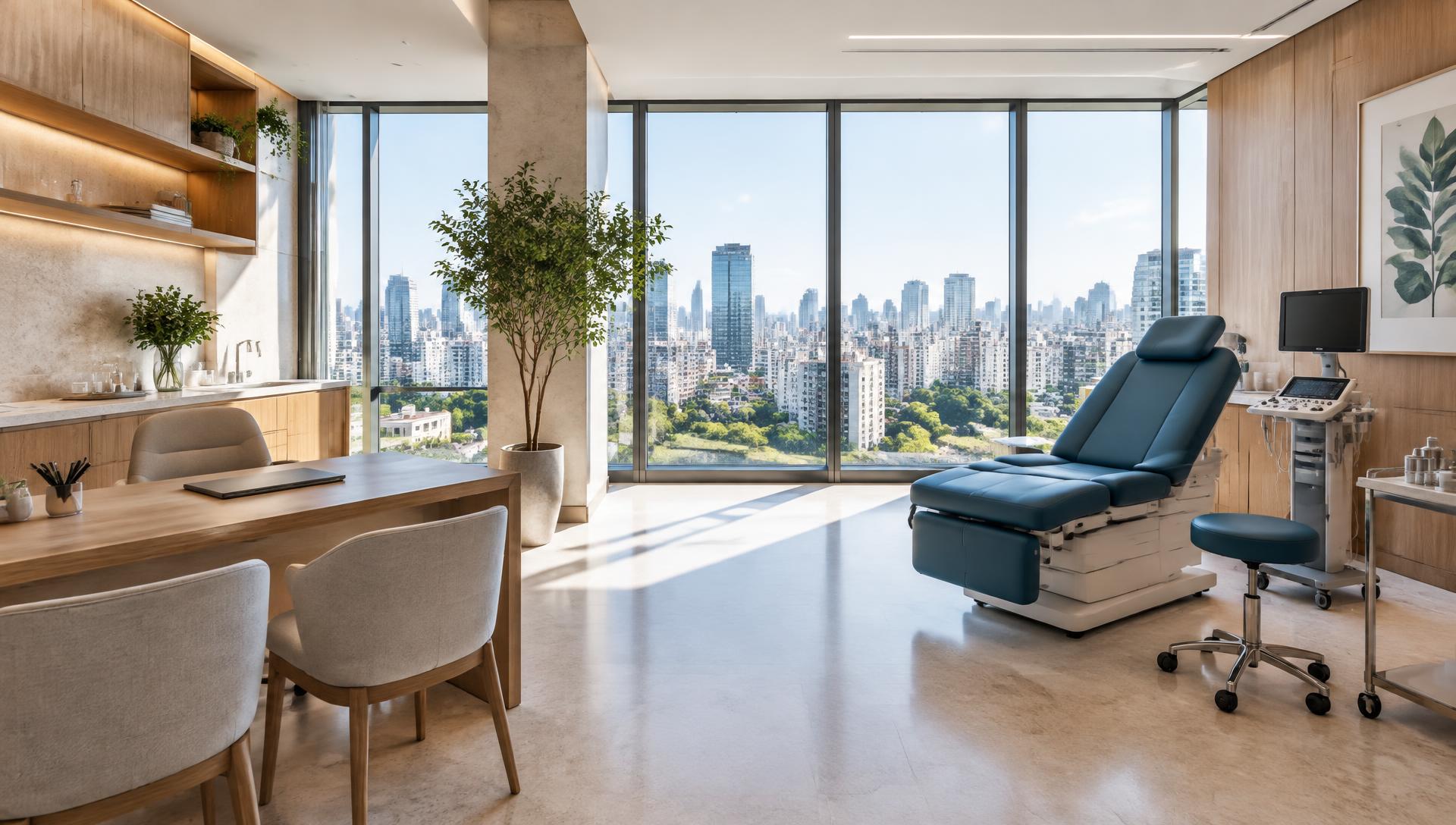 Consultório médico contemporâneo com vista para São Paulo